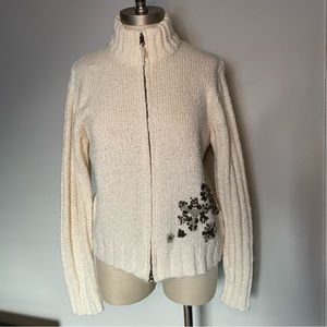 Columbia cream embroidered zipper front sweater size M